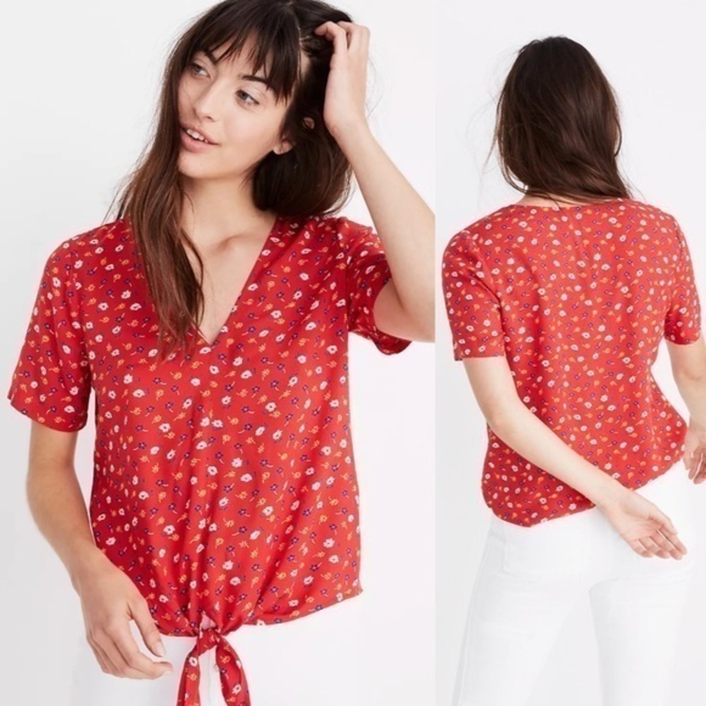 Madewell floral vneck shortsleeves Novel Tie-Front Top in Prairie Posies